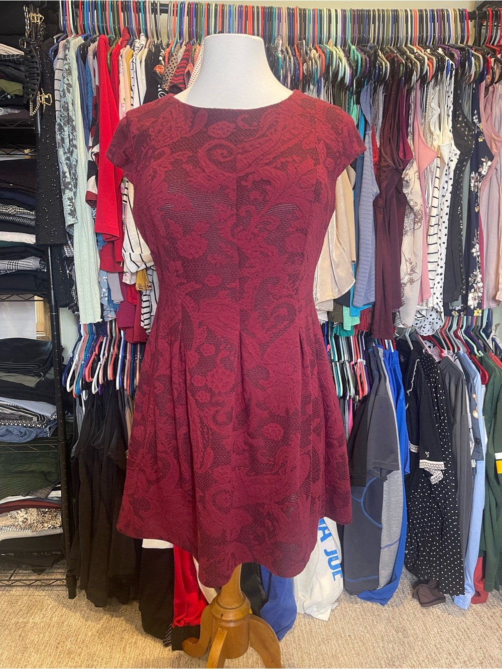 AB Studio Burgundy Paisley-Textured Cap-Sleeve Mini Dress
